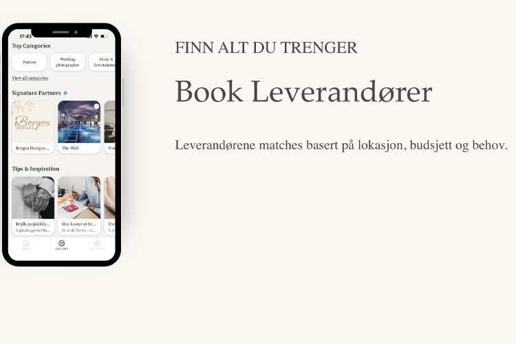 Mobilskjerm som viser en app for å booke leverandører basert på lokasjon, budsjett og behov.