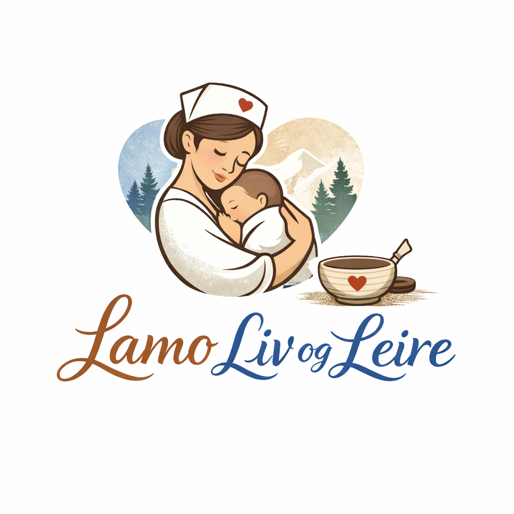 Illustrasjon av en sykepleier som holder en baby, med teksten "Lamo Liv og Leire" i fargerike bokstaver.