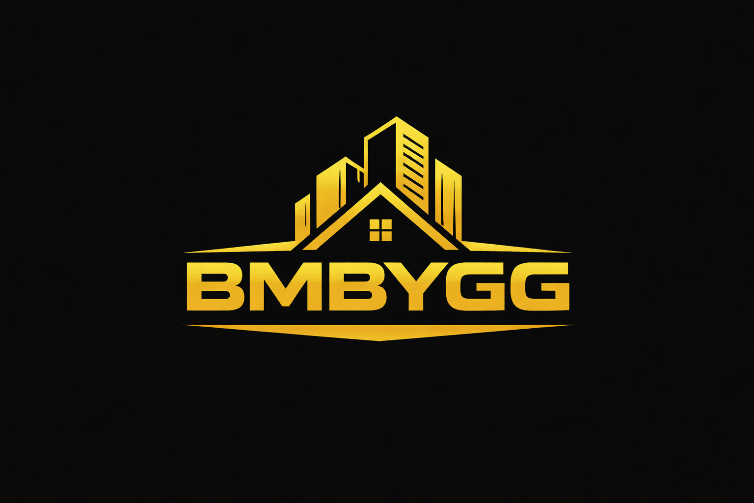 Logo for BMBYGG med en gul husform og bygninger i bakgrunnen på svart bakgrunn.