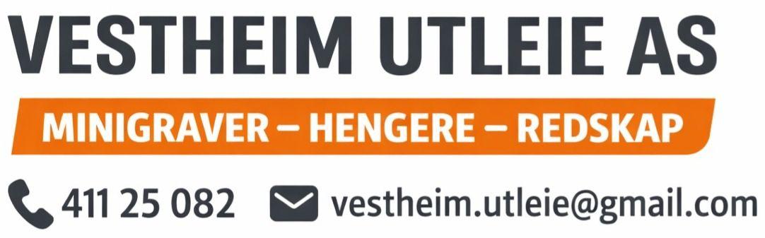 Vestheim Utleie AS logo med kontaktinformasjon for minigraver, hengere og redskap. Telefonnummer og e-postadresse inkludert.