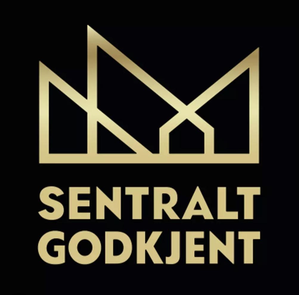 Logoen for "Sentral Godkjent" med en stilisert krone i gullfarge på svart bakgrunn.