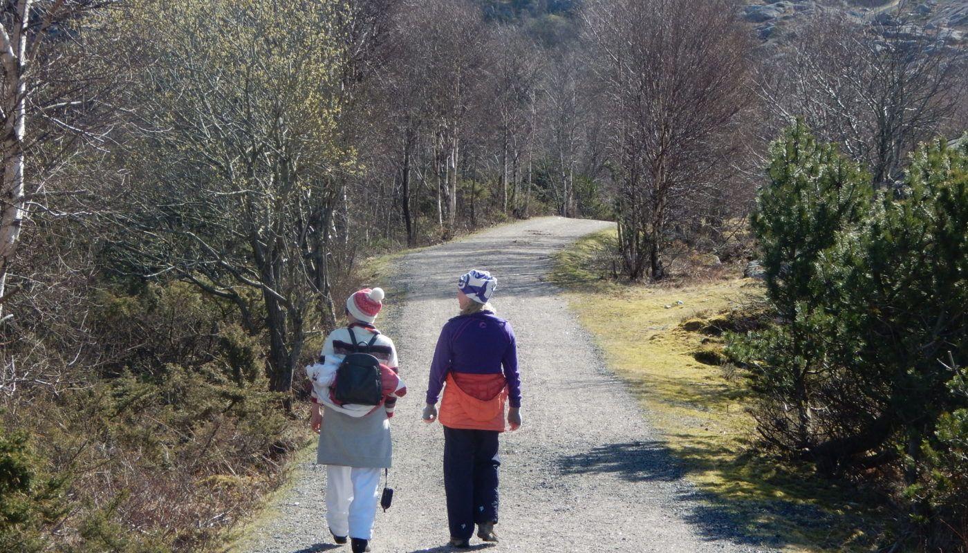 To personer som går på en grusvei omringet av trær og busker på en solfylt dag.