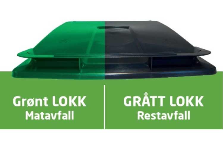 Grønn og grå avfallsbeholder med tekst for matavfall og restavfall.