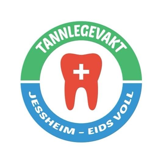 Logo for tannlegevakt med rød tann og kors, med teksten "Jessheim - Eidsvoll" rundt.