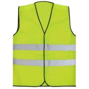 Refleksvest i neon gul med to sølvfargede striper, designet for synlighet og sikkerhet.