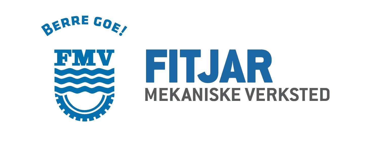 Logo for Fitjar Mekaniske Verksted med teksten "Berre goe!" og bølger i blått.