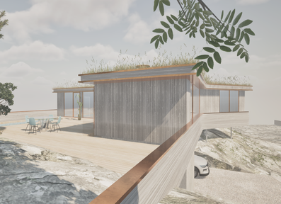 Moderne hus med grønt tak, store vinduer og terrasse, plassert på en steinete skråning.