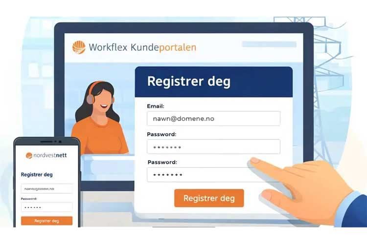 Registreringsskjema for Workflex Kundeportalen med felt for e-post og passord på dataskjerm og mobil.
