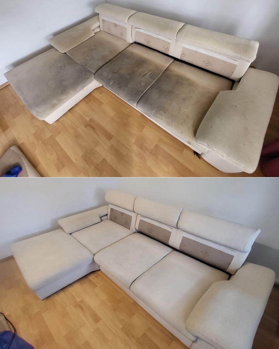 Sammenligning av en skitten og ren sofa med lys beige farge, plassert på et tregulv.