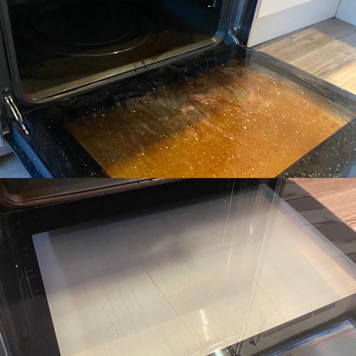 En ovn med skittent glass på toppen og rent glass på bunnen, som viser rengjøringsprosessen.