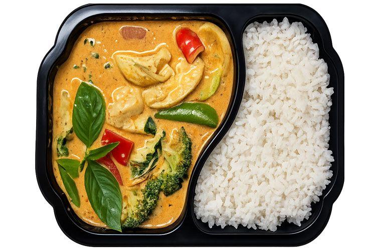 Kylling i rød curry med grønnsaker og jasminris i en plastbeholder.