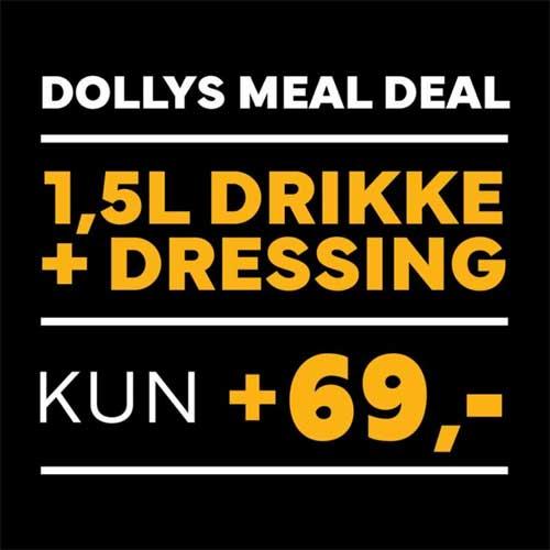 Dollys måltidstilbud med 1,5L drikke og dressing for kun 69 kroner.