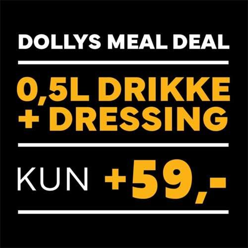 Dollys måltidstilbud med 0,5L drikke og dressing for kun 59 kroner.