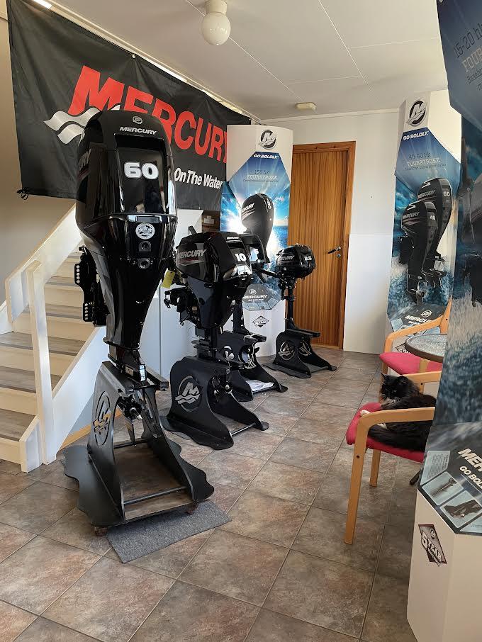 Tre påhengsmotorer fra Mercury står utstilt i en butikk med plakater og en katt i bakgrunnen.