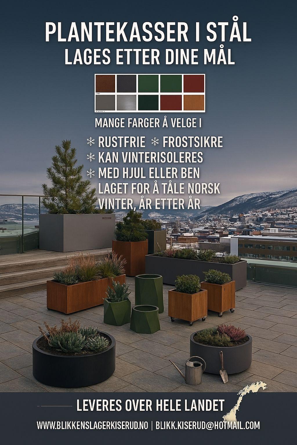Plantekasser i stål i ulike farger, tilpasset mål, med rustfrie og frostfaste egenskaper, på en moderne terrasse.