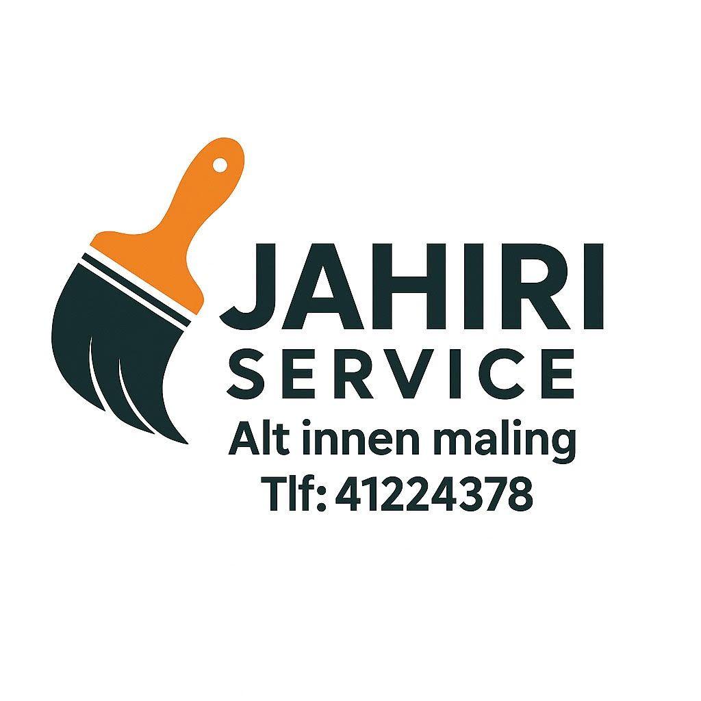 Logo for Jahiri Service, som tilbyr maletjenester med en malepensel og kontaktinformasjon.