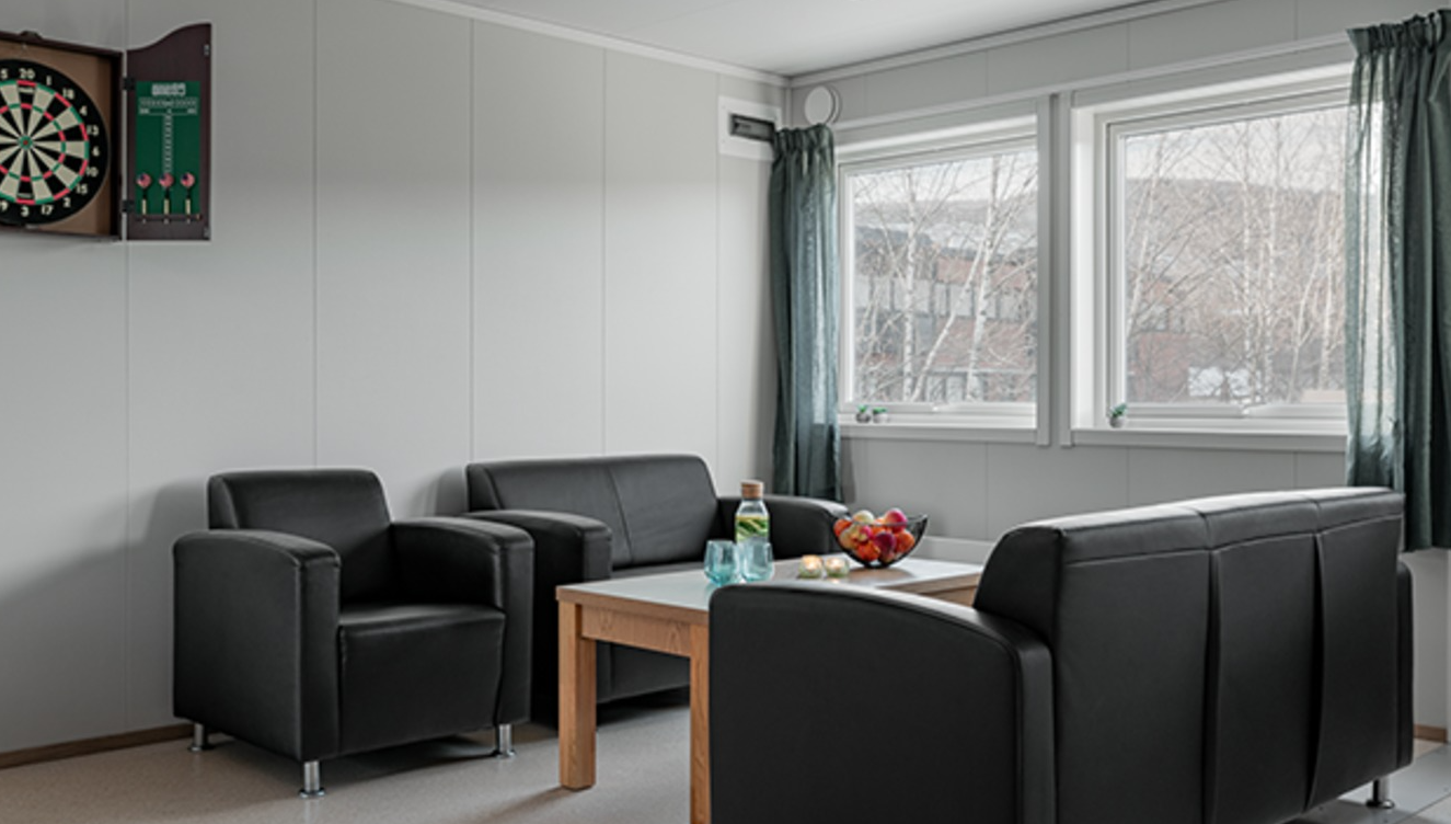 Moderne stue med svarte sofaer, et bord med frukt og dartbrett på veggen. Store vinduer slipper inn naturlig lys.