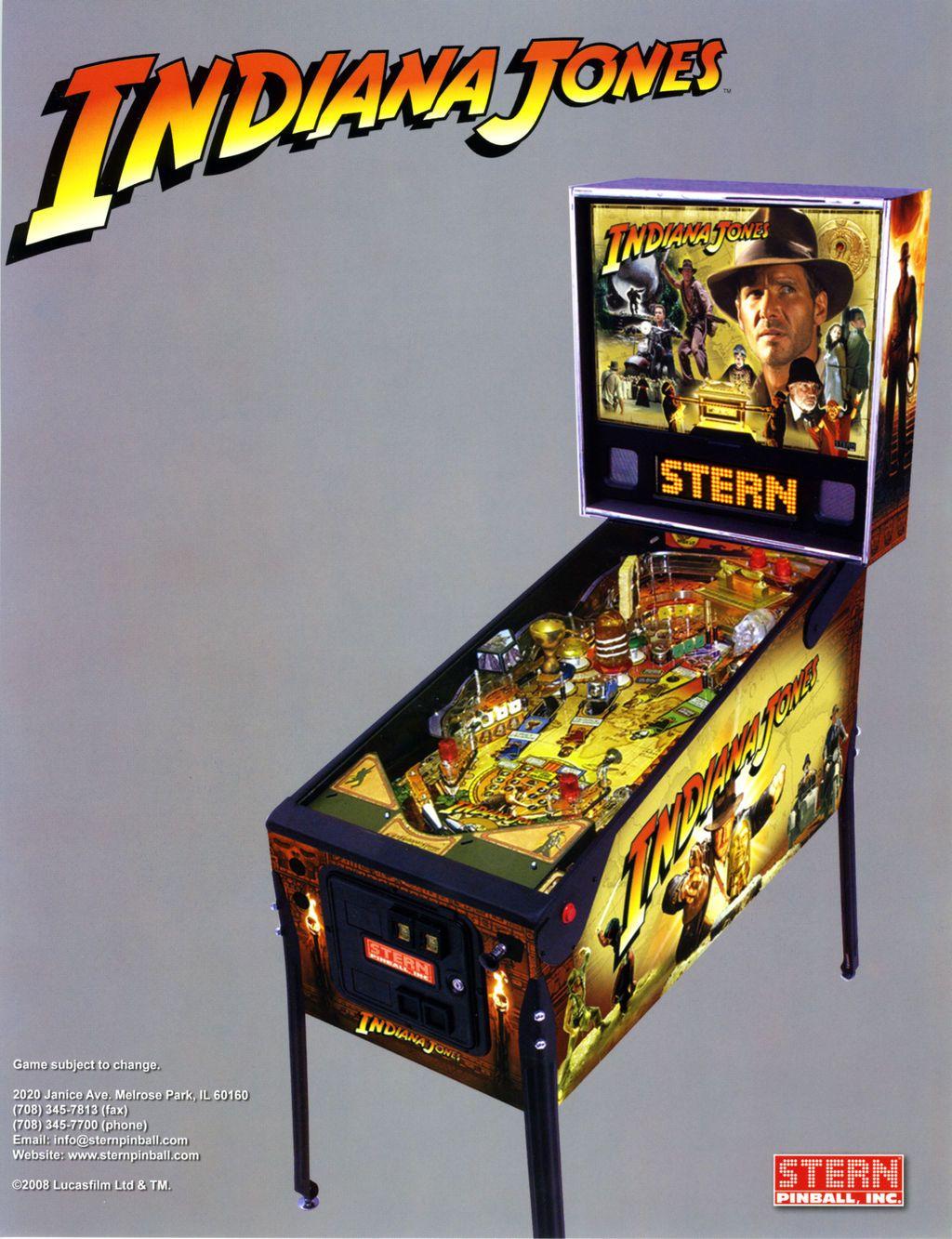 Flipperspill med Indiana Jones-tema, dekorert med fargerike bilder og logoer fra filmen.