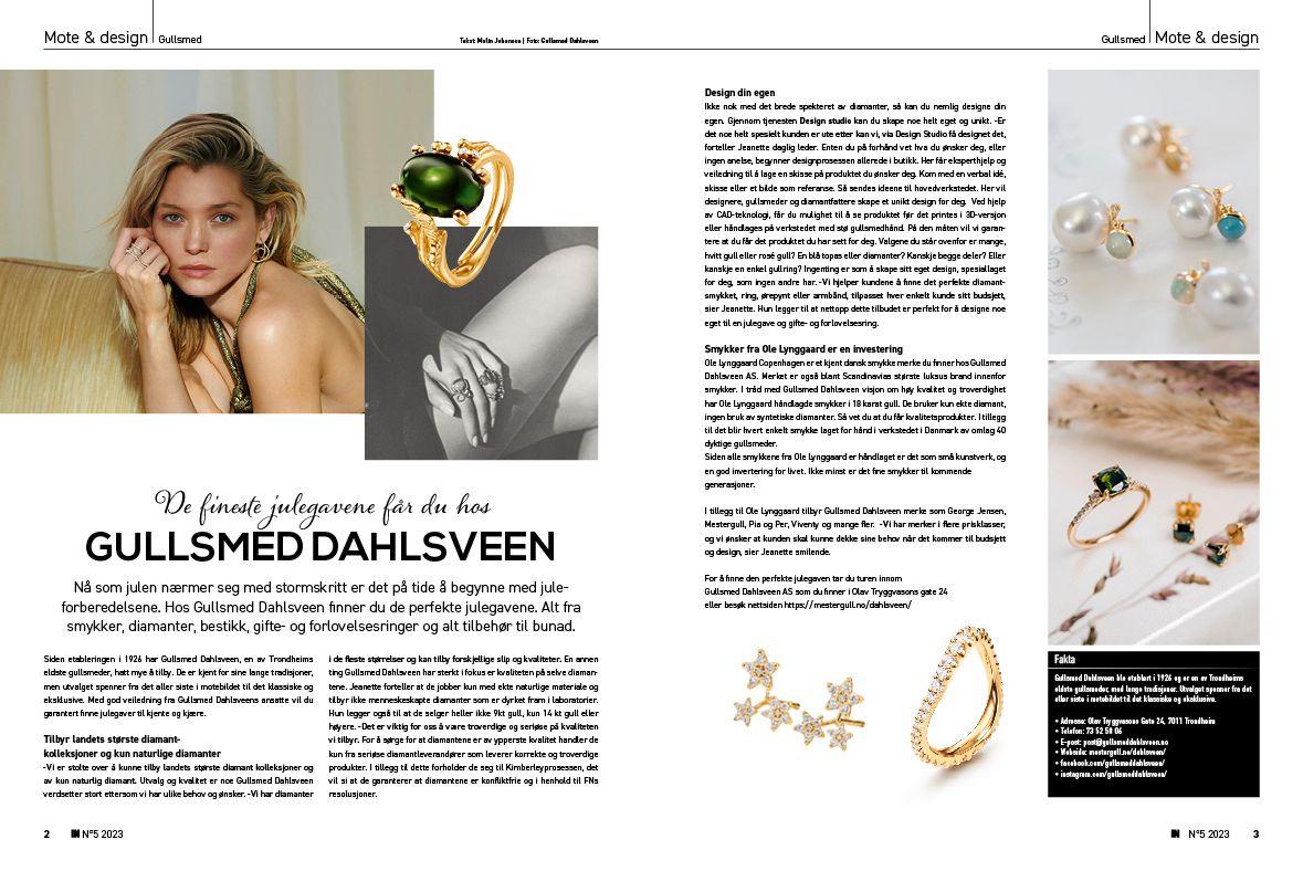 Modell med smykker fra Gullsmed Dahl Sveen, inkludert ring og øreringer, presentert i et elegant magasinoppsett.