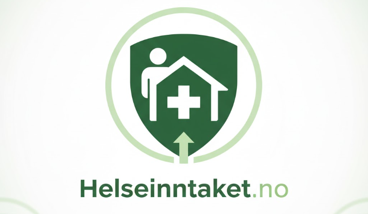 Logo for Helseinntaket.no, med et hus og et helsepluss-symbol, som representerer helse og omsorg.