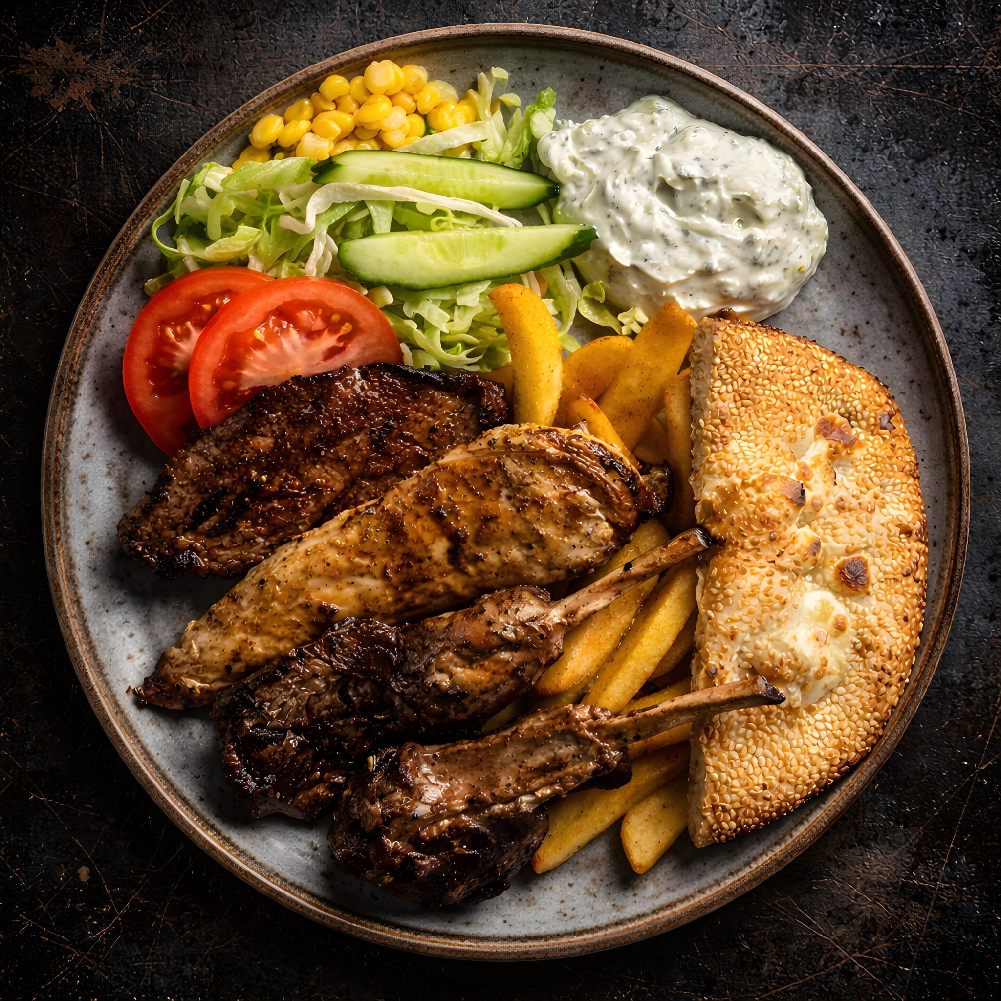 En tallerken med grillet kjøtt, pommes frites, salat, tomater, agurk og en skål med dressing.