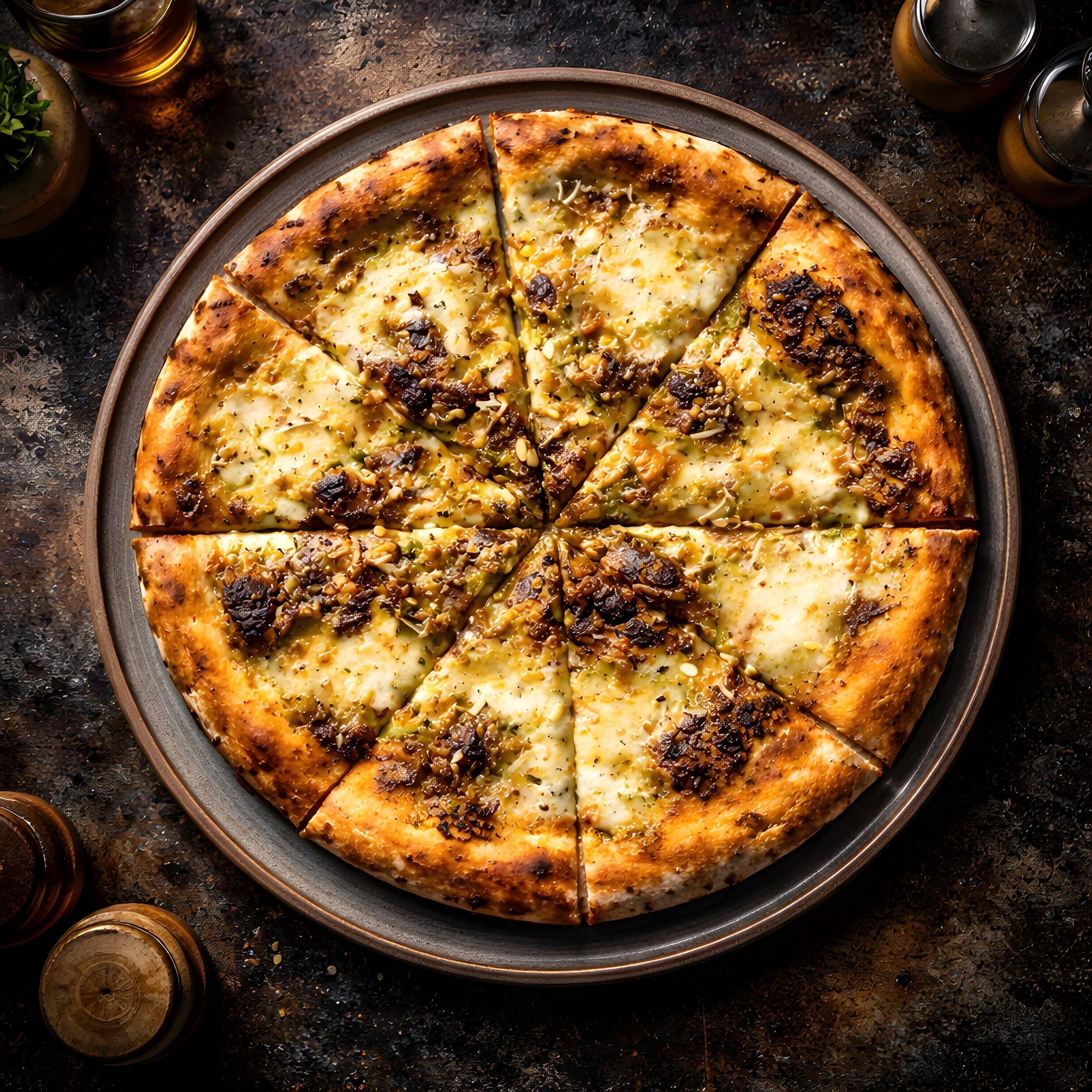 En rykende varm pizza med sprø skorpe, dekket av smeltet ost og kjøttdeig, delt opp i åtte stykker.