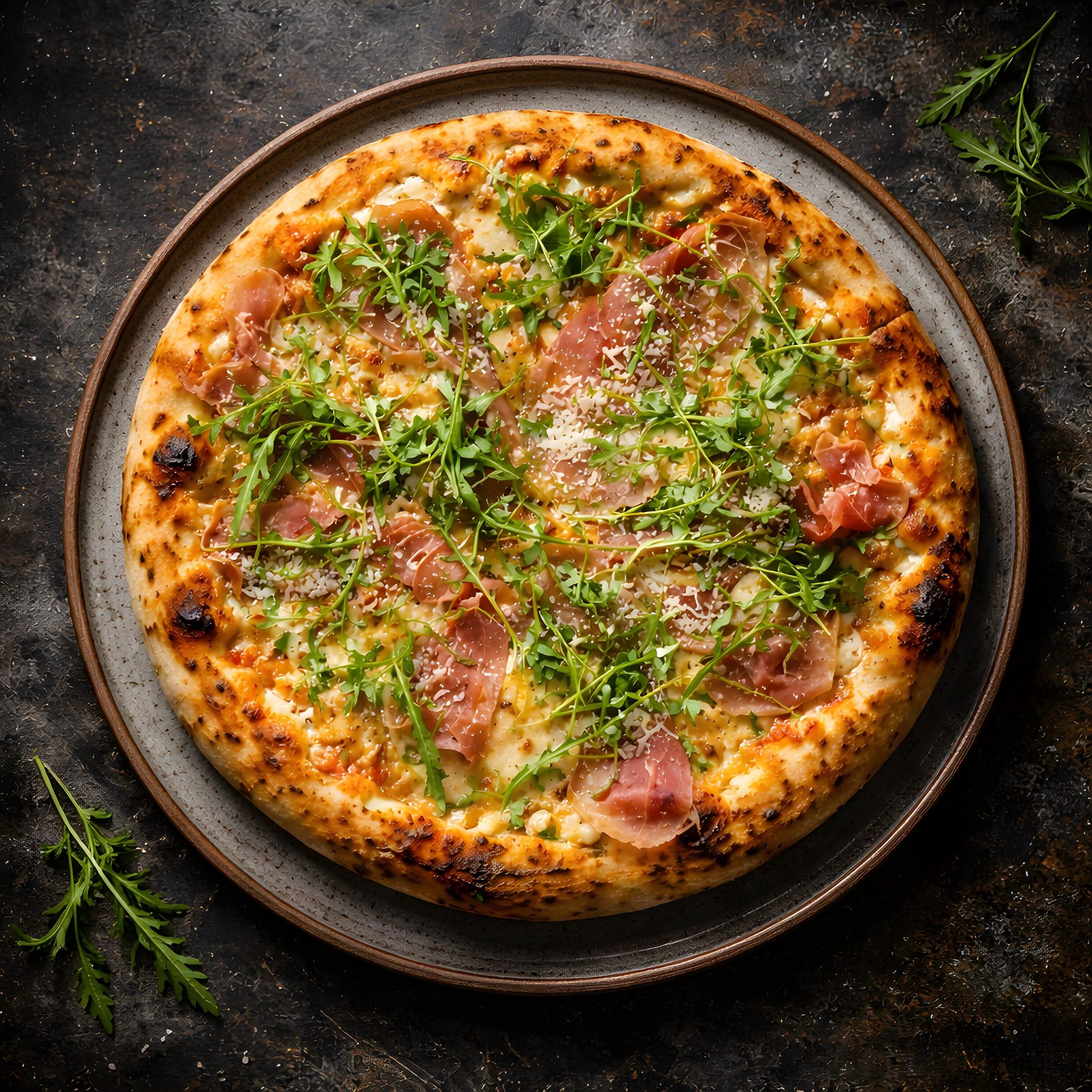 En nybakt pizza med skinke, ruccola og ost, servert på en rustikk tallerken.