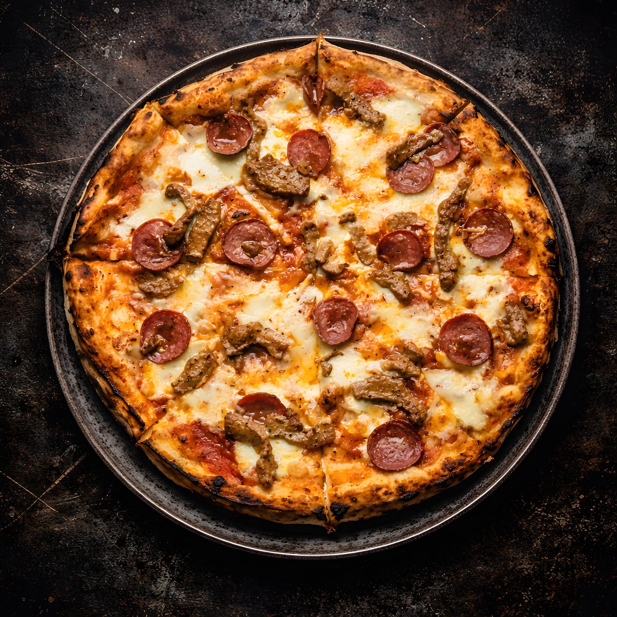 En pizza med pepperoni, kjøttdeig og ost, servert på en mørk metallplate.
