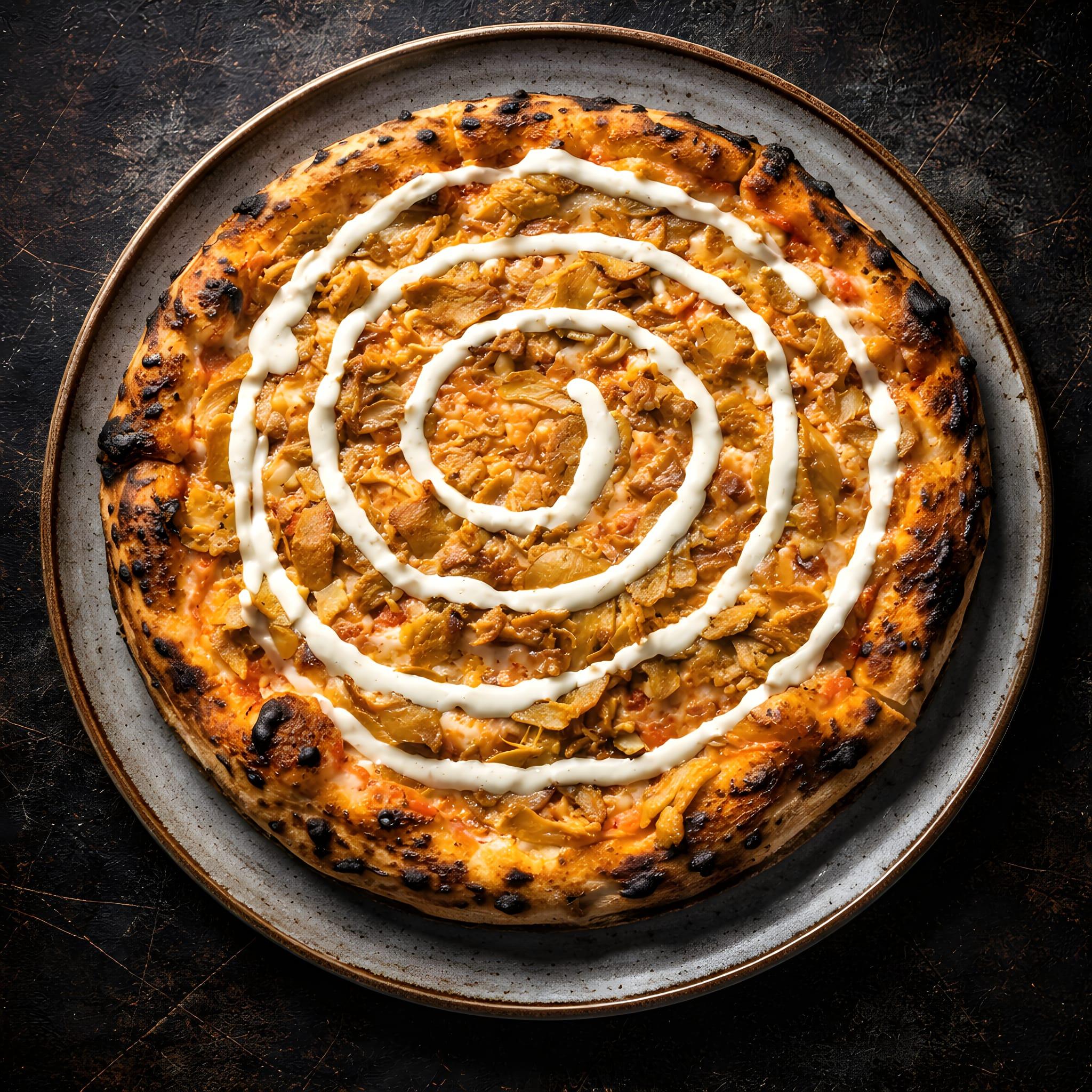 En pizza med spiralformet topping av hvit saus, plassert på en mørk tallerken.