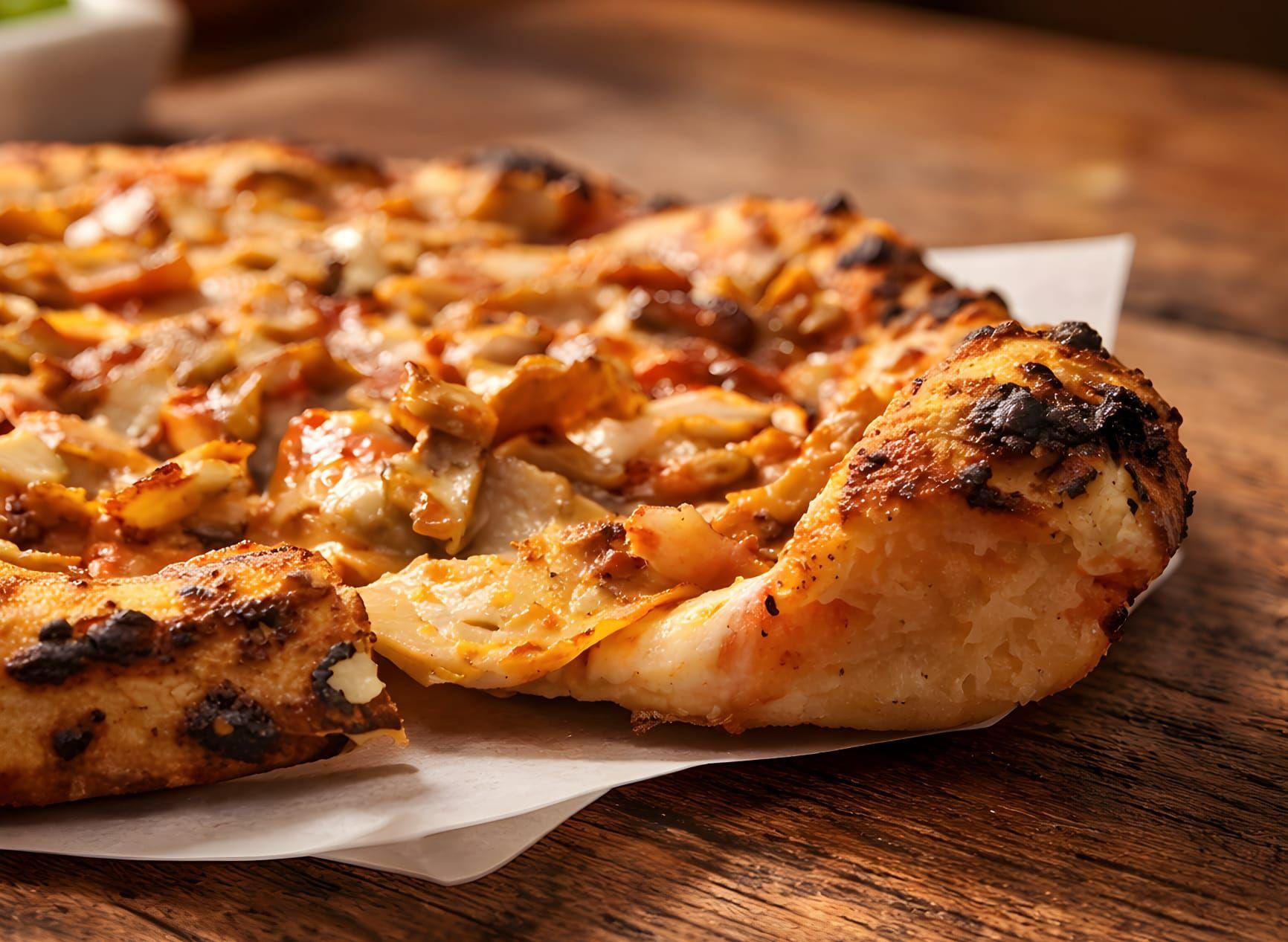 En nybakt pizza med sprø skorpe, fylt med kylling, ost og tomatsaus, ser fristende ut på et trebord.
