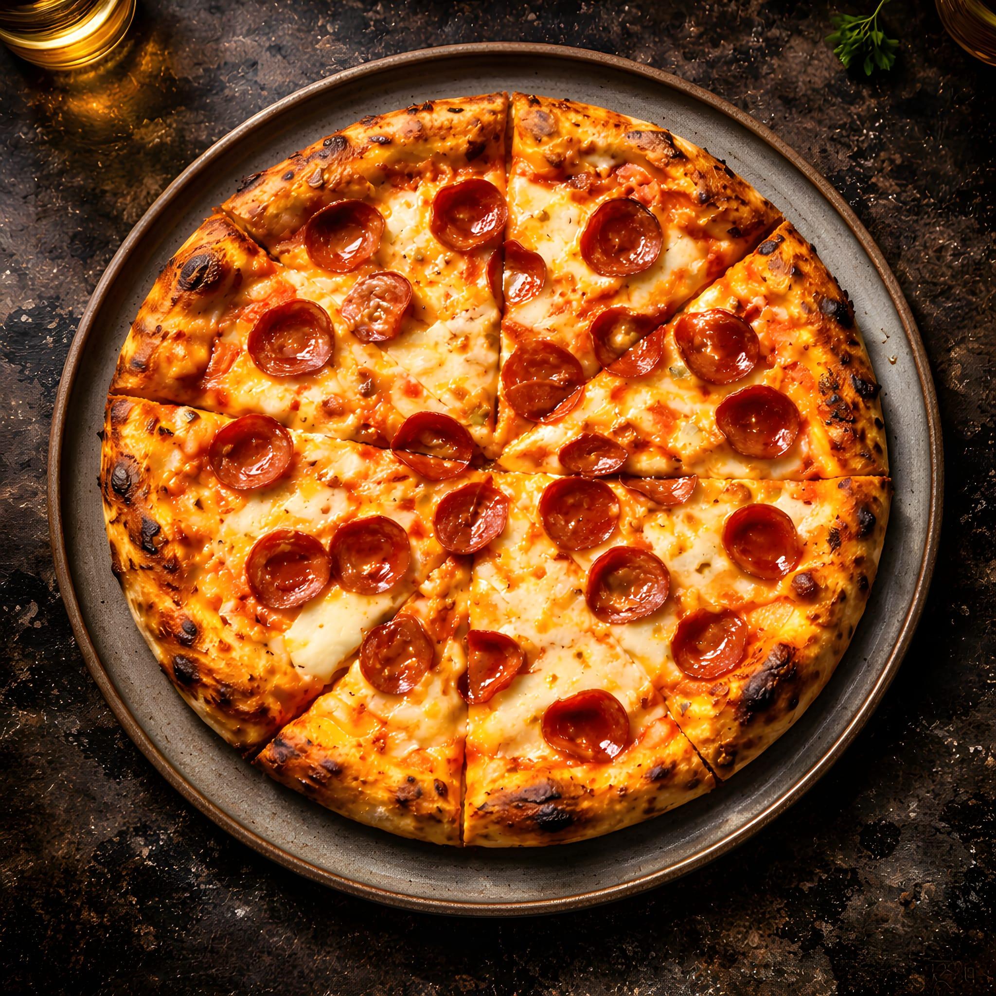 En runde pizza med pepperoni, smeltet ost og sprø skorpe, servert på en mørk tallerken.