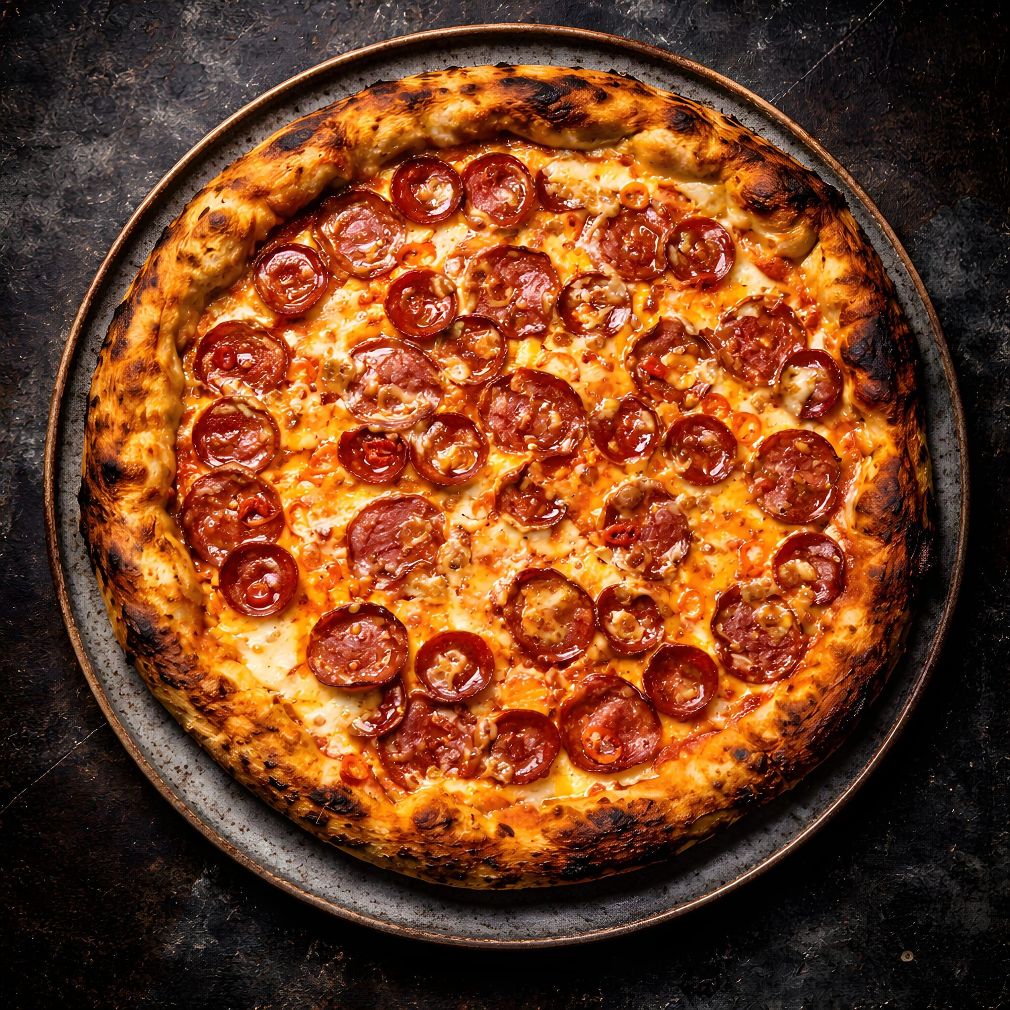 En runde pizza med pepperoni, smeltet ost og sprø skorpe, servert på en mørk bakgrunn.