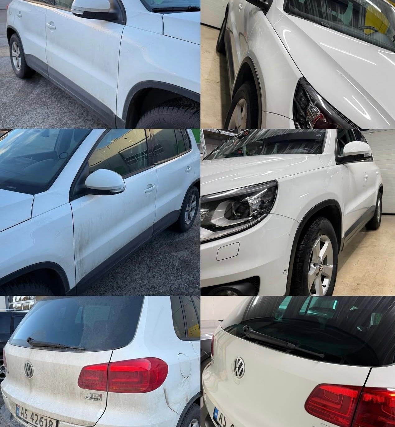 Bilde av en hvit Volkswagen SUV med ulike vinkler som viser detaljer og tilstand på bilen.