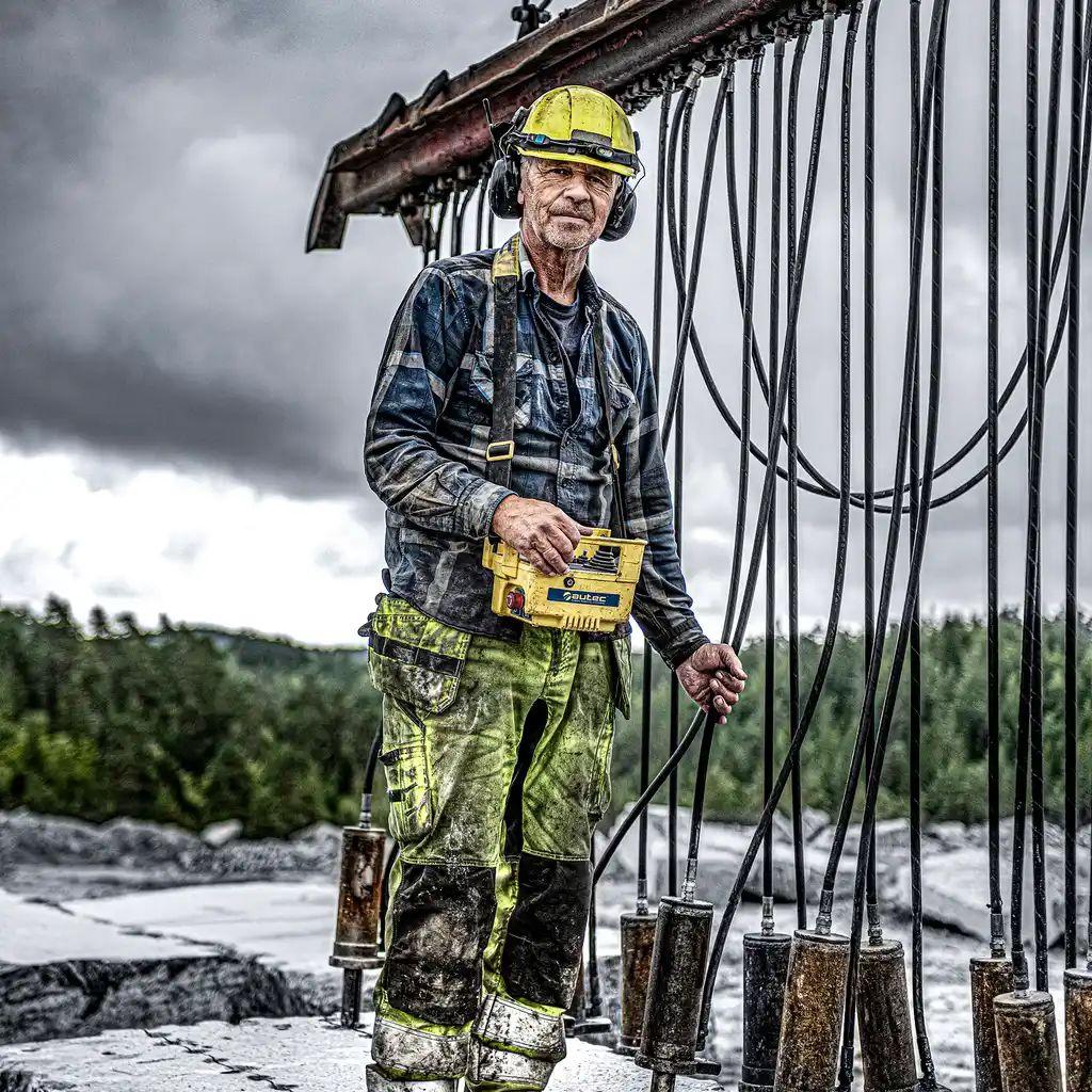En mann i hjelm og arbeidsklær står på en byggeplass med kranledninger i bakgrunnen.
