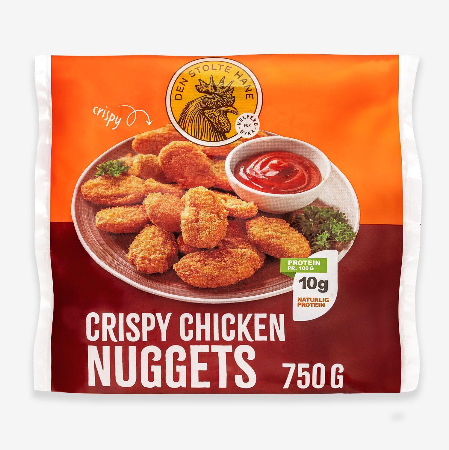 Crispy kyllingnuggets pakket i en pose med 750 gram og en skål med saus ved siden av.