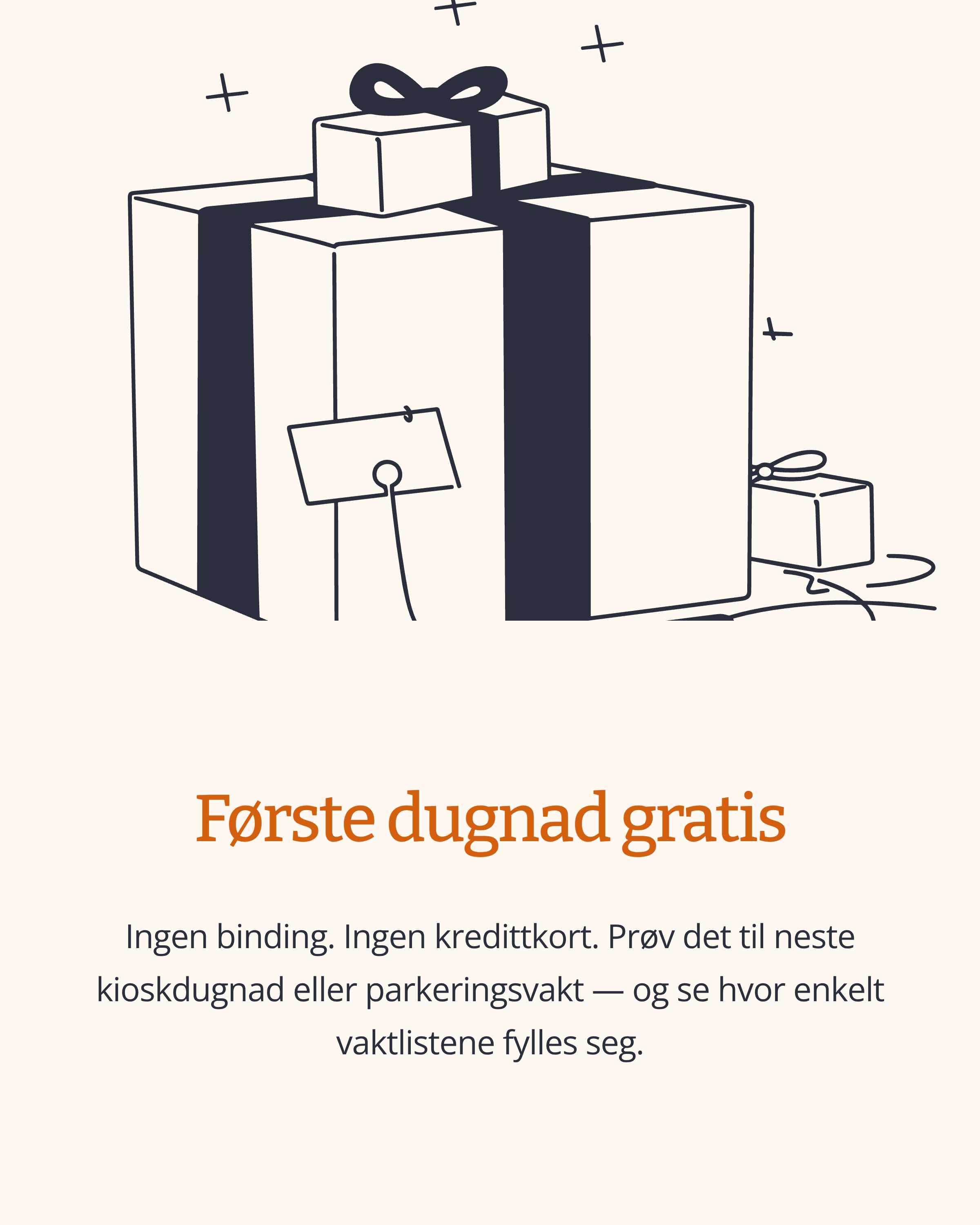 Illustrasjon av gaver med bånd og tekst om gratis dugnad uten binding eller kredittkort.