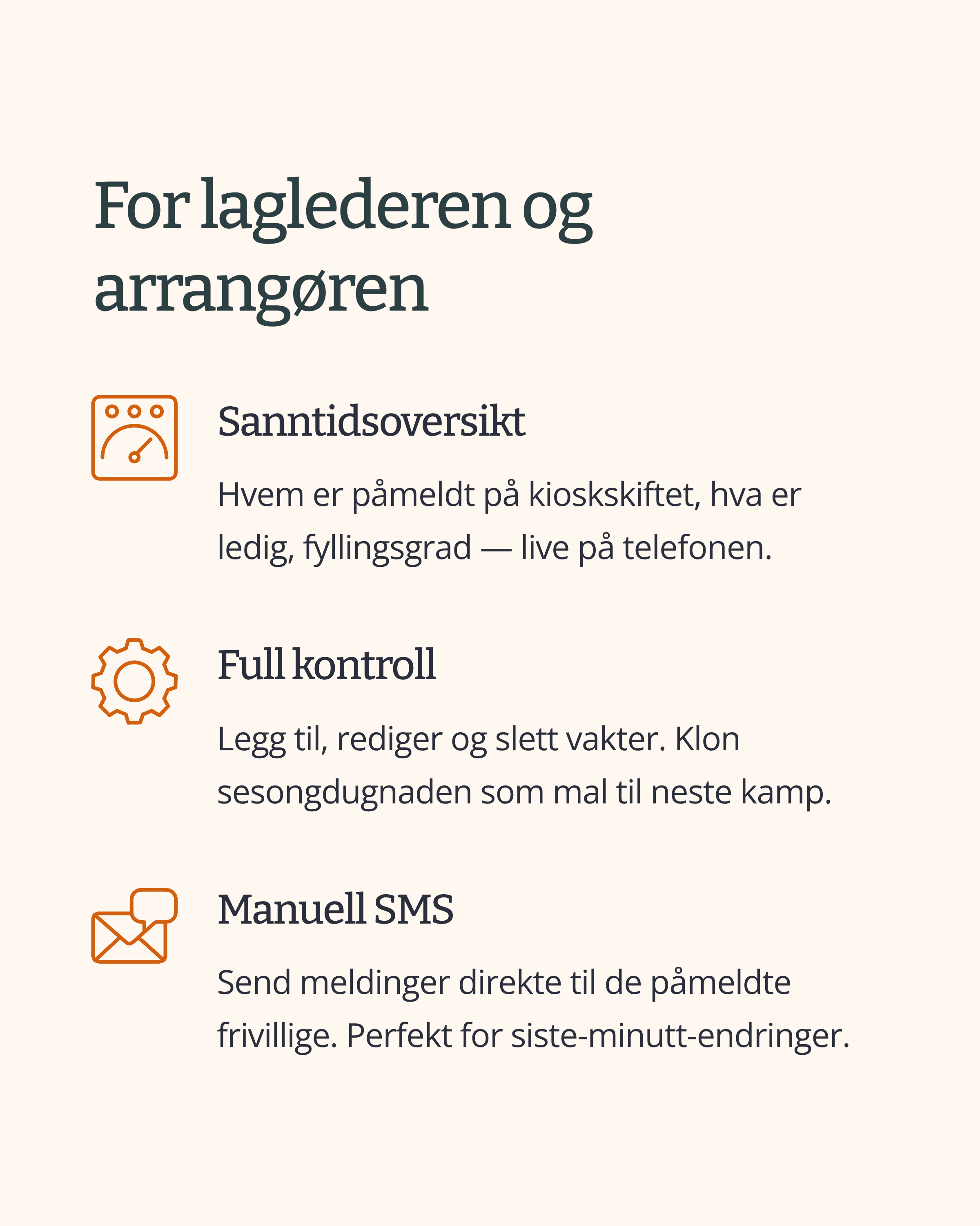 Oversikt over sanntid, kontroll av vakter og manuell SMS for lagledere og arrangører.