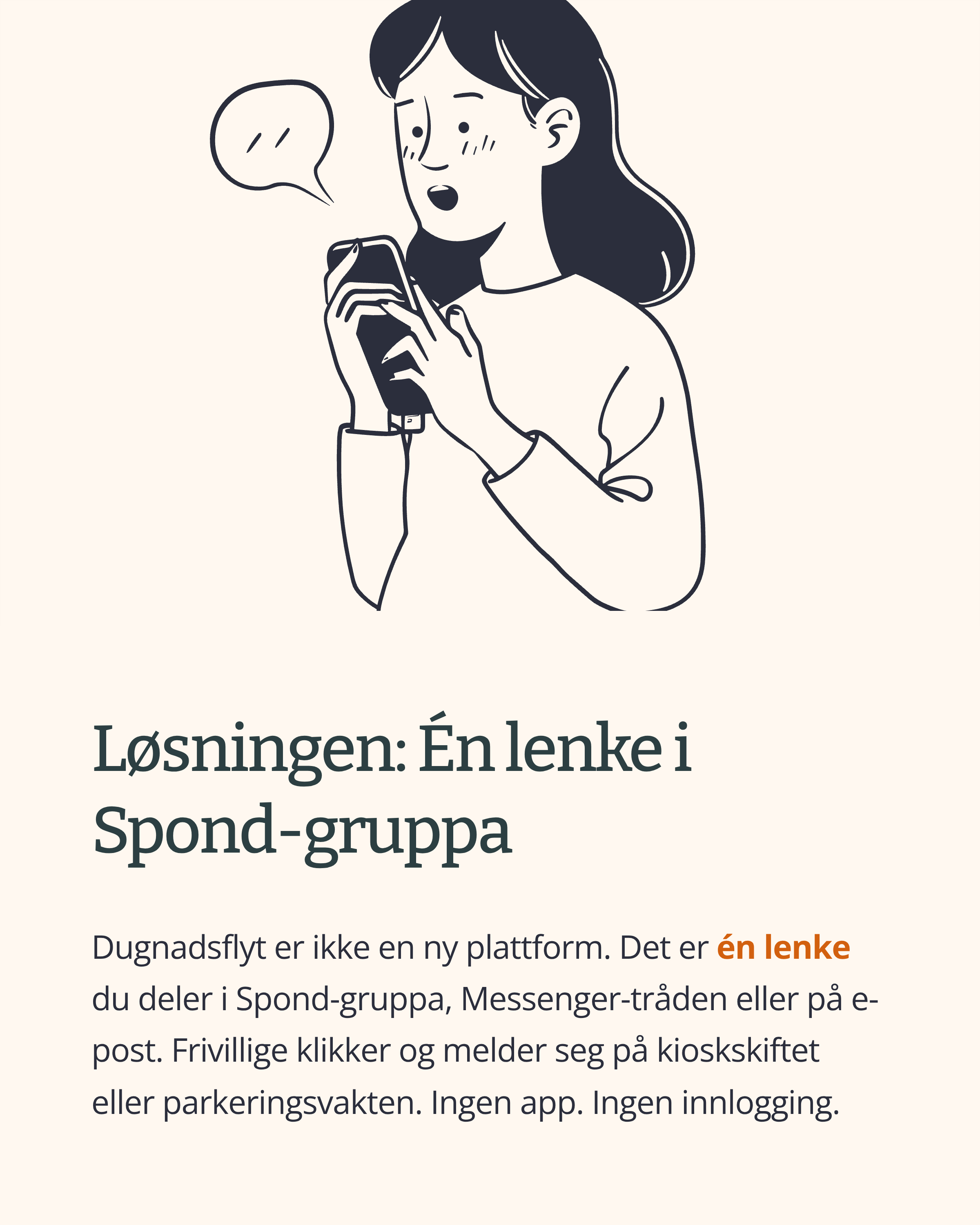 En kvinne som ser på telefonen sin, med tekst om en lenke i Spond-gruppen og informasjon om dugnadsflyt.