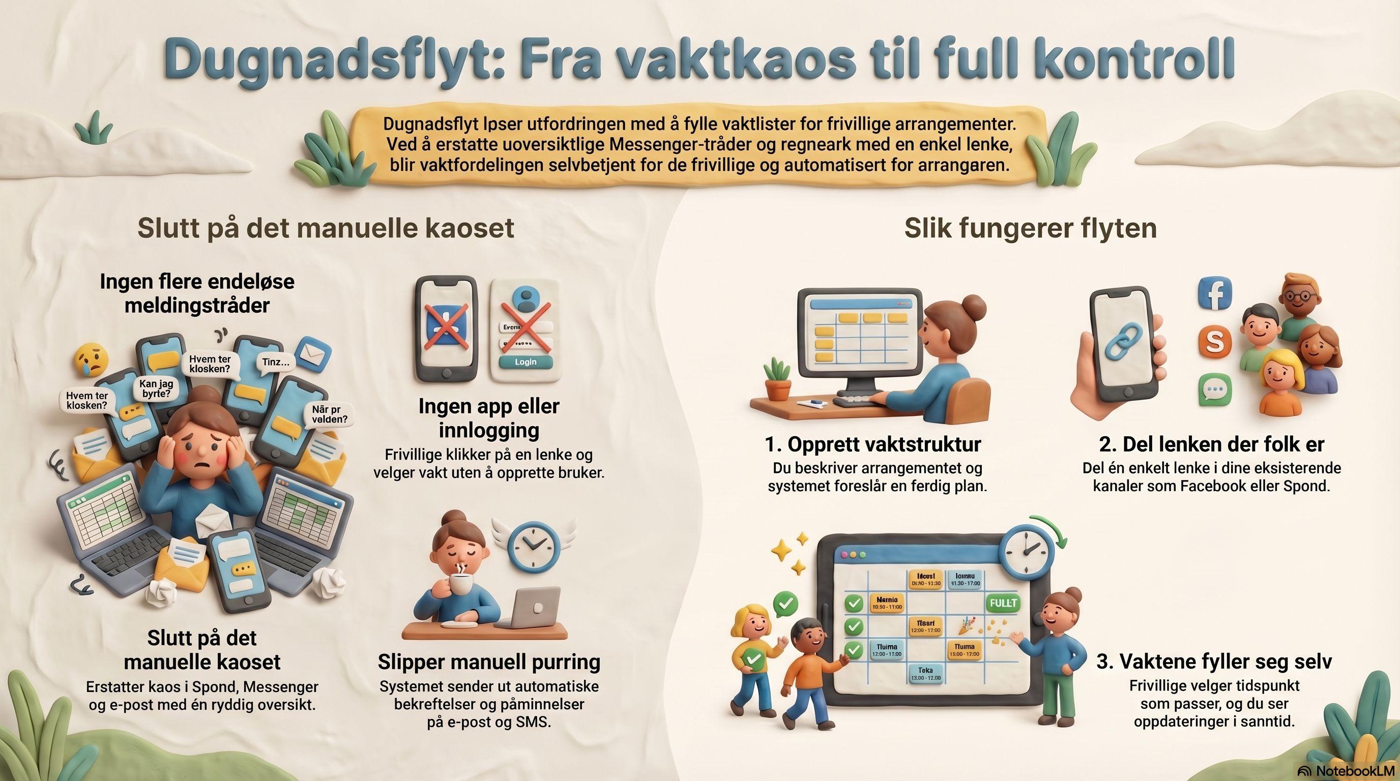 Illustrasjon av Dugnadsflyt med informasjon om hvordan systemet fungerer og hvordan man får kontroll over vaktkaos.
