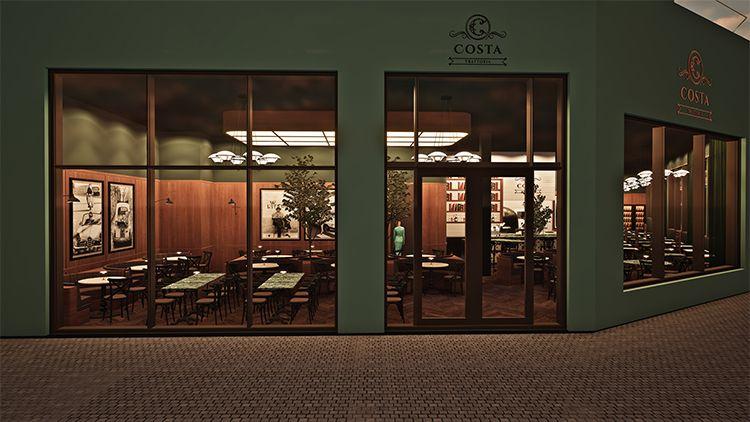 En koselig restaurantfasade med store vinduer, trebord og stoler, samt grønne planter innendørs.
