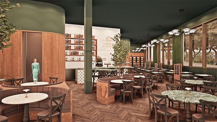 Moderne restaurantinnredning med grønne vegger, treverk og elegante bord med stoler, samt planter og kunstverk.