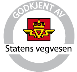 Logo for Statens vegvesen med tekst "Godkjent av" og symbol med vinger og krone.
