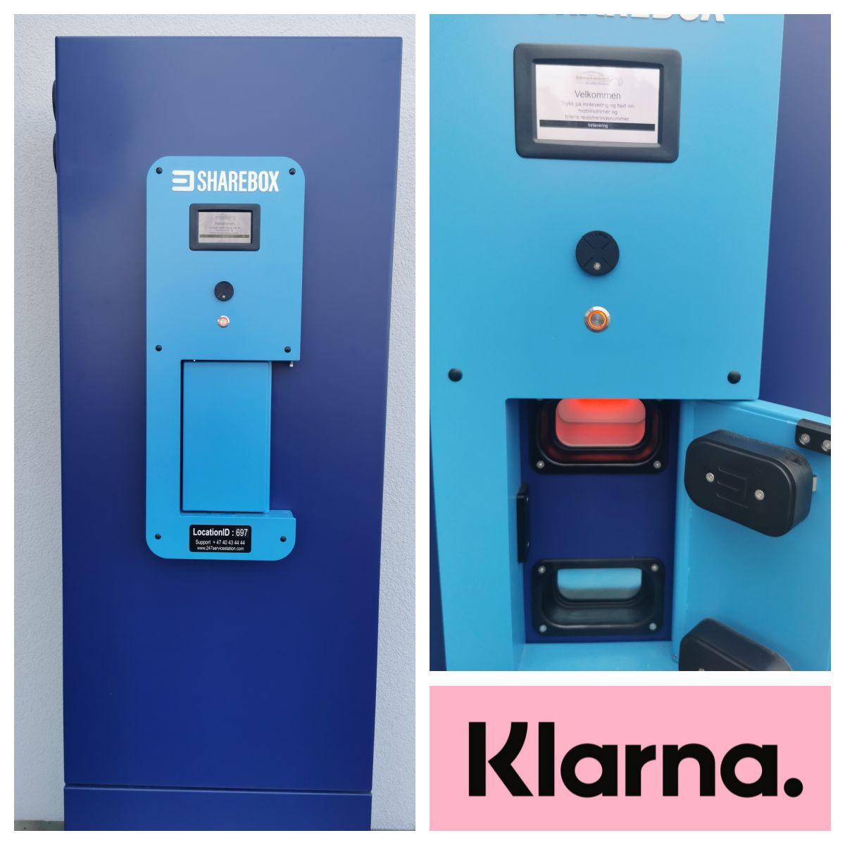 Bilde av en blå og lilla utleiemaskin fra Sharebox med Klarna-logo og ulike fargeknapper.