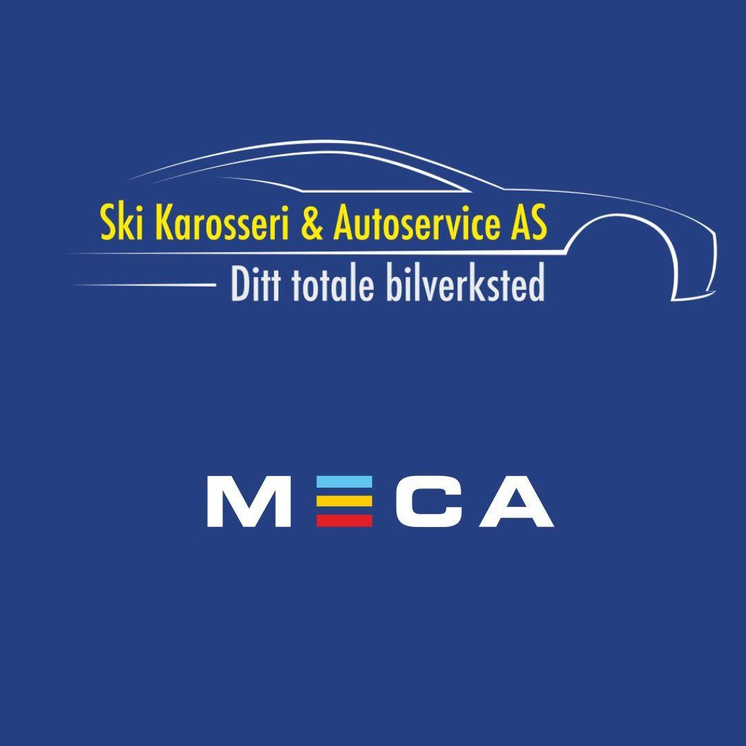 Logo for Ski Karosseri & Autoservice AS, et bilverksted med MECA merke. Blå bakgrunn med bilsilhuett.