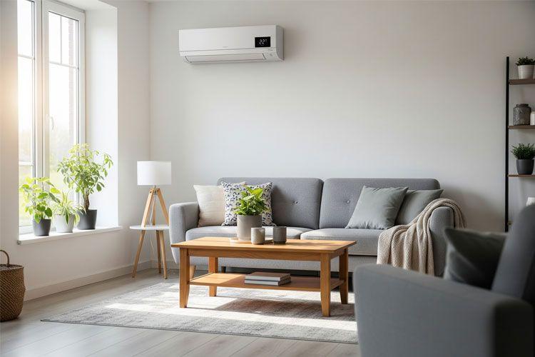Lyst og moderne stue med grå sofa, trekaffebord, planter og klimaanlegg på veggen.