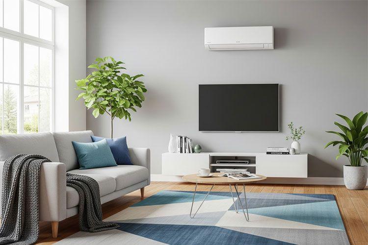 Moderne stue med grå vegger, sofa, TV, planter og et teppe i blå og hvite farger.