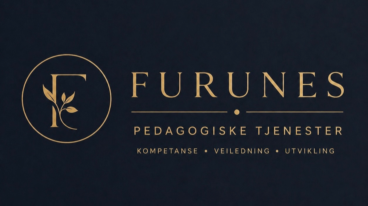 Furunes pedagogiske tjenester logo med tekst om kompetanse, veiledning og utvikling i gullfarge på mørk bakgrunn.