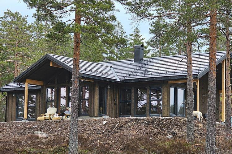 Moderne hytte med svart tak og store vinduer, omringet av trær i skogsområde.