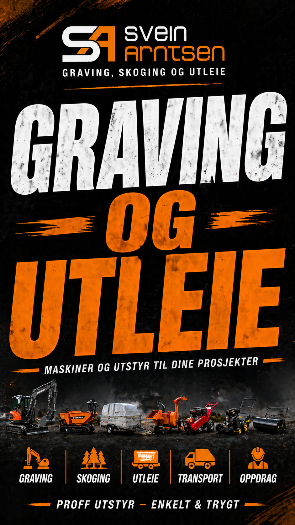 Graving og utleie plakat med maskiner og utstyr for prosjekter, inkludert gravemaskiner og transportutstyr.
