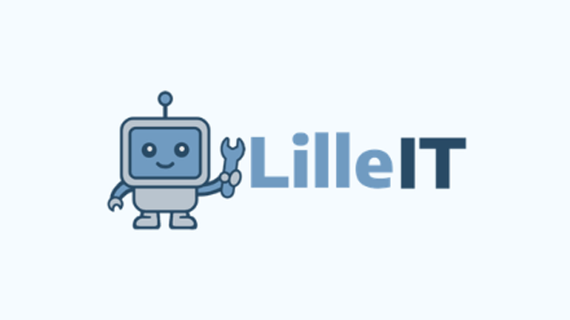 En vennlig robot med en skiftenøkkel ved siden av teksten "LilleIT" i blått og grått.